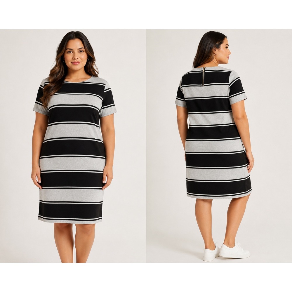 Merona Womens XXL Striped T-Shirt Dress Black Heather Gray Short Sleeve‎ Zipper